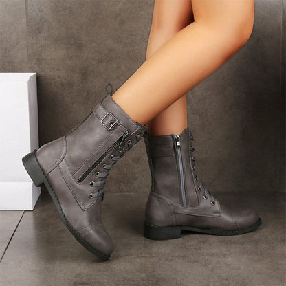 Botas de piel para mujer con punta redonda y cremallera