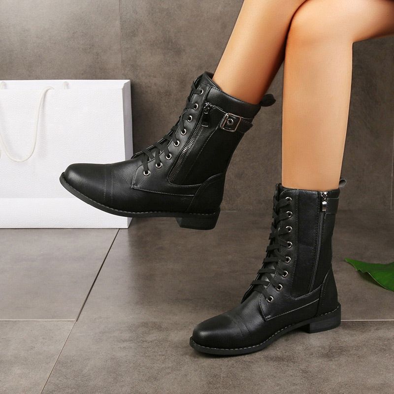 Botas de piel para mujer con punta redonda y cremallera