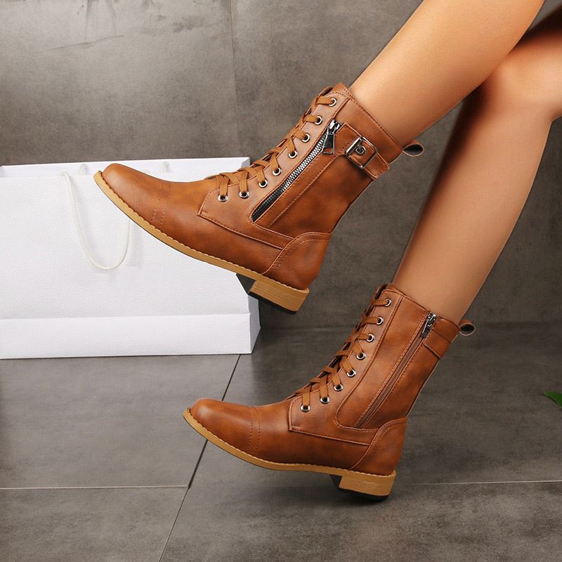 Botas de piel para mujer con punta redonda y cremallera