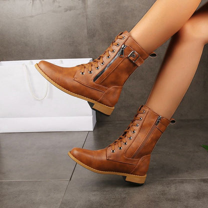 Botas de piel para mujer con punta redonda y cremallera